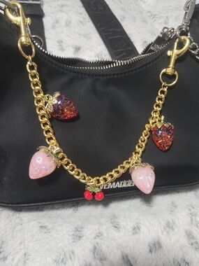 Gold Chain Bag Charm with Pink & Red Strawberry Charms - Women Accessories